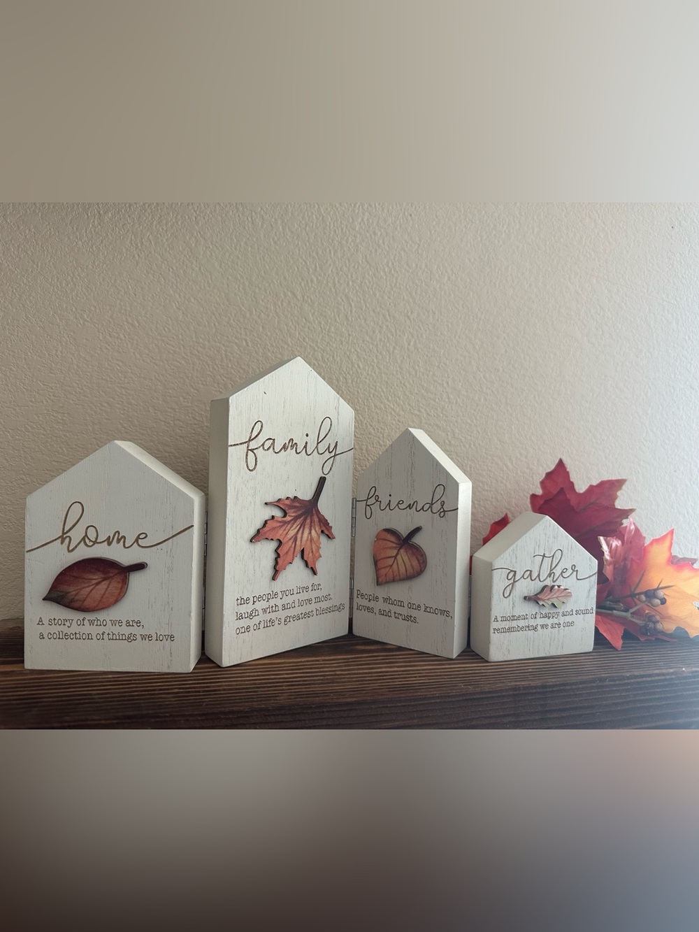 Ashland White Wooden Autumn Leaf Block with Orange Leaves
